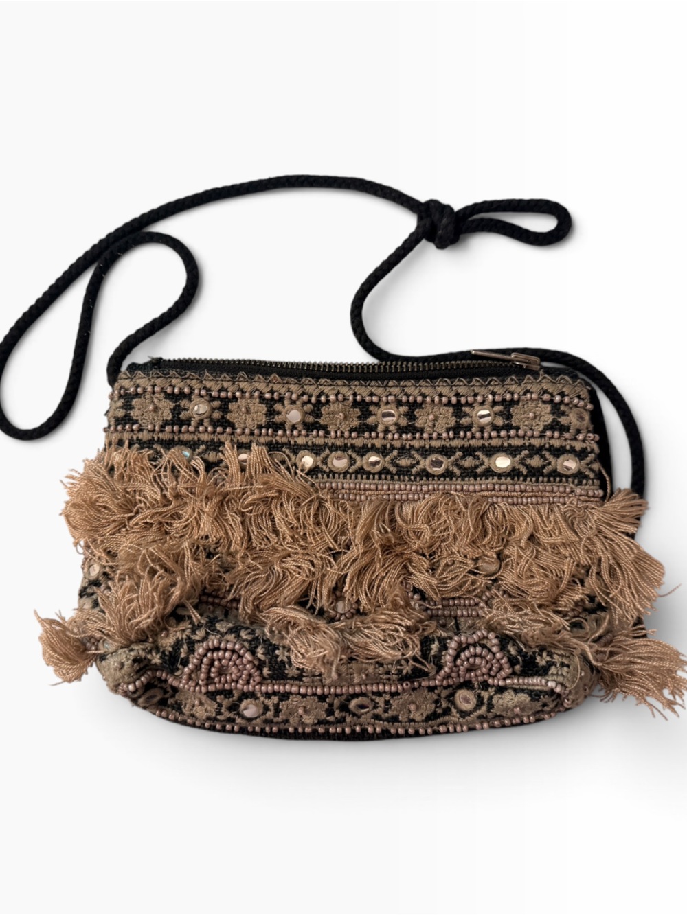Antik Batik Boho Fringe Embellished Crossbody Bag in Tan and Black